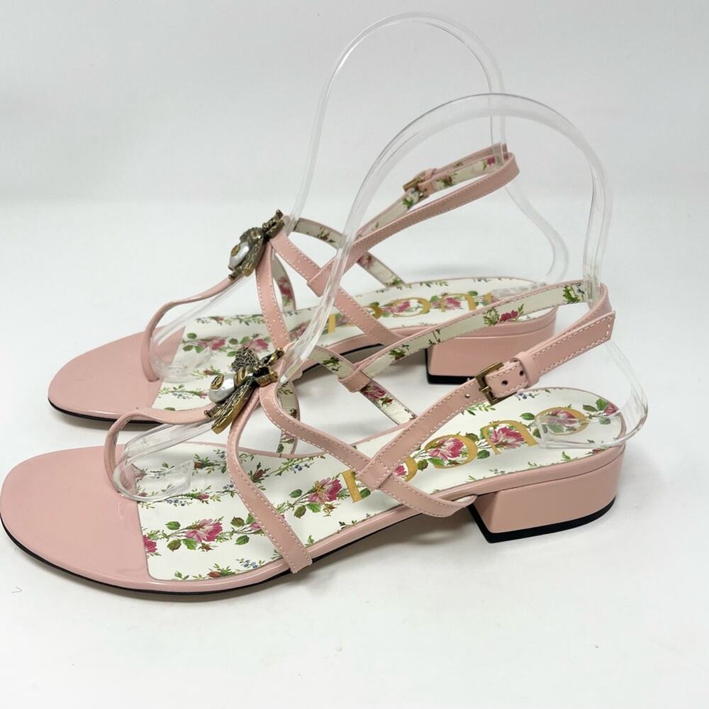 NEW Gucci Pink Patent Leather GG Bee Pearl Thong Sandal Kitten Heel Size 38.5 EU - Picture 6 of 7